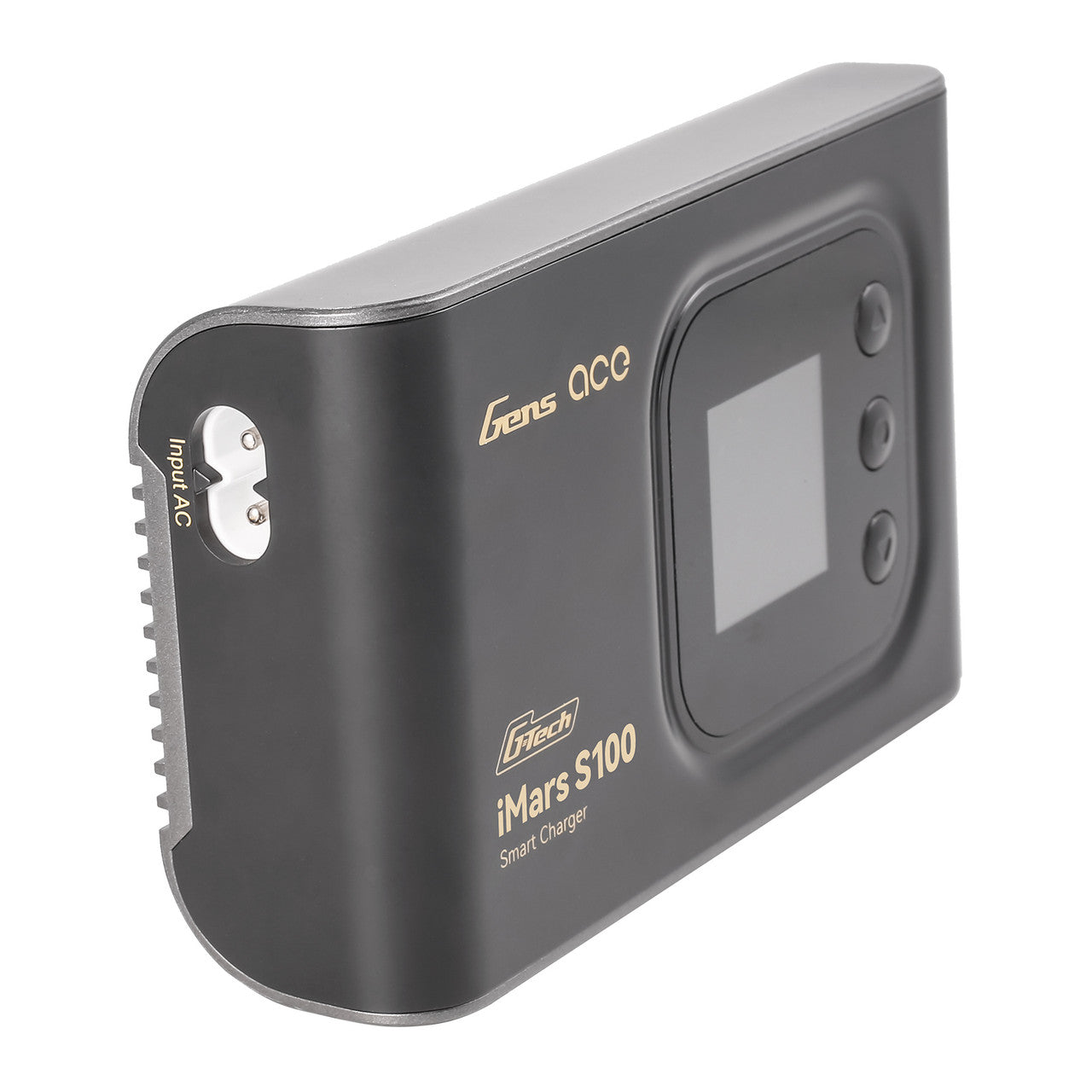 Gens ace iMars S100 G-Tech RC Battery, Gens ace iMars S100 G-Tech smart charger with front display, control buttons, and built-in AC input port