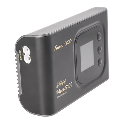 Gens ace iMars S100 G-Tech RC Battery, Gens ace iMars S100 G-Tech smart charger with front display, control buttons, and built-in AC input port