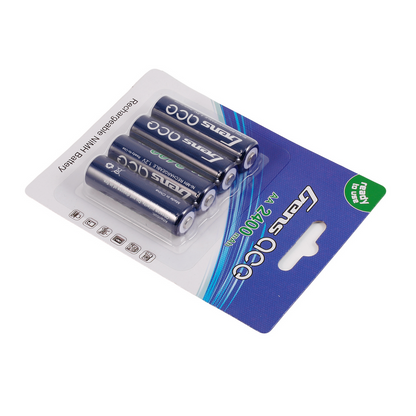 Gens Ace Ni-MH AA Rechargeable Battery, Blister pack of four Gens Ace AA Ni-MH rechargeable batteries, 1.2V 2400mAh, ready-to-use label