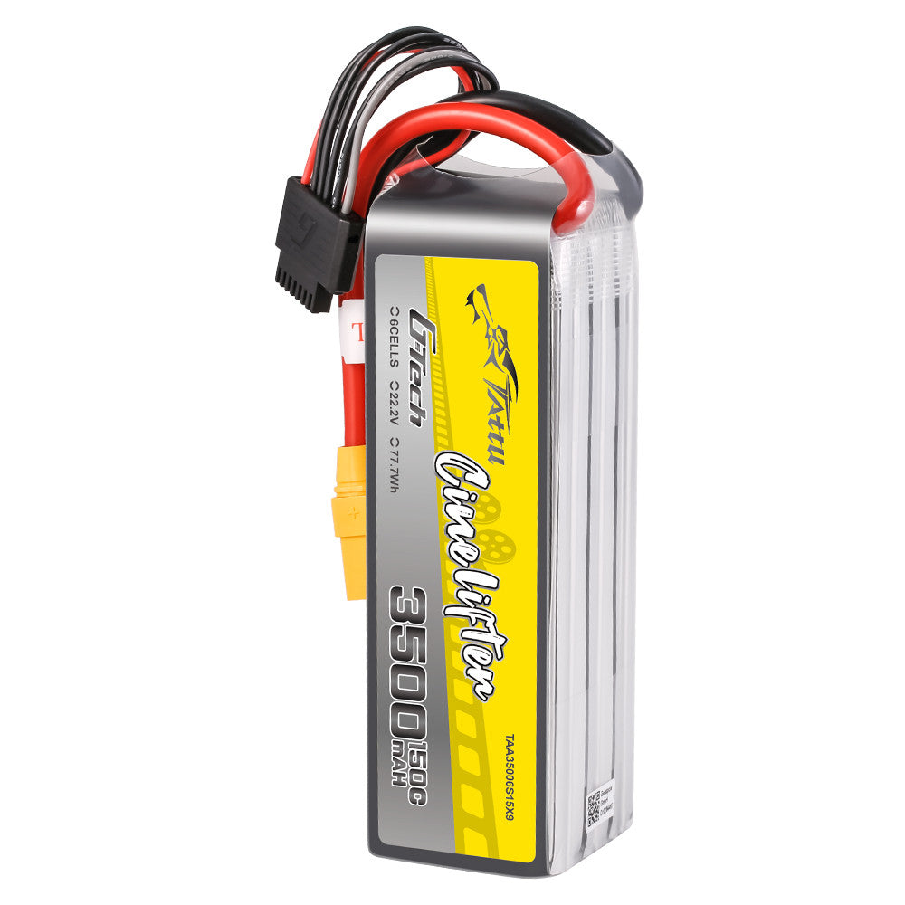 Tattu G-Tech 3500mAh 6S 22.2V 150C LiPo Battery, Tattu G-Tech CineLifter 3500mAh 6S 22.2V LiPo battery pack with 150C label, main plug and balance lead