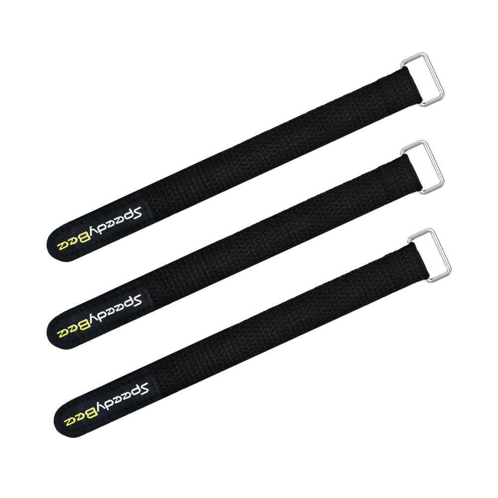 Three black SpeedyBee tie down straps with metal buckles for securing batteries or gear