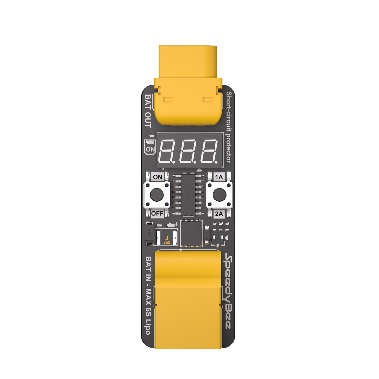 SpeedyBee smart short-circuit protector power tester with XT60 BAT IN/BAT OUT connectors, display, and 1A/2A buttons