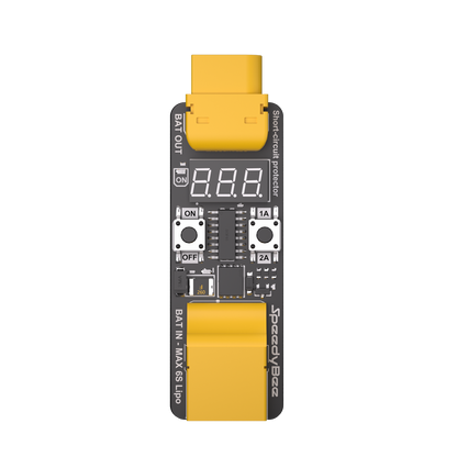 SpeedyBee smart short-circuit protector power tester with XT60 BAT IN/BAT OUT connectors, display, and 1A/2A buttons