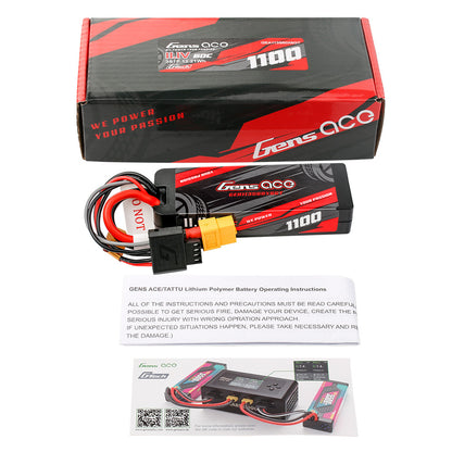 Gens ace 1100mAh 3S hardcase LiPo battery with XT60 plug and balance lead, plus box and instruction cards