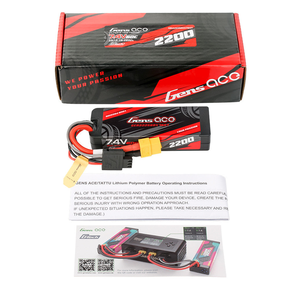 Gens ace 7.4V 2200mAh hardcase LiPo battery pack with XT60 plug and balance lead, with box