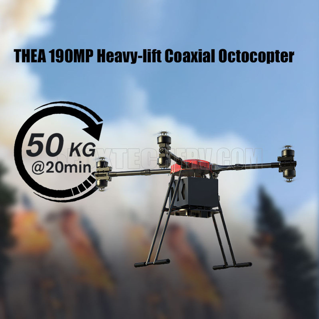 THEA 190MP Octocopter, Industrial drone with 50kg payload, 20-minute flight time and 8-axis control.