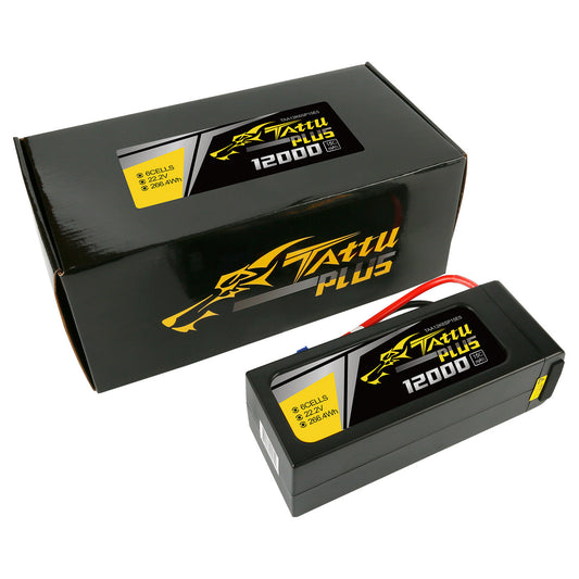 Tattu Plus: High-performance Lipo battery pack with 12Ah capacity, 15C discharge rate, and EC5/AS150+XT150 plug.