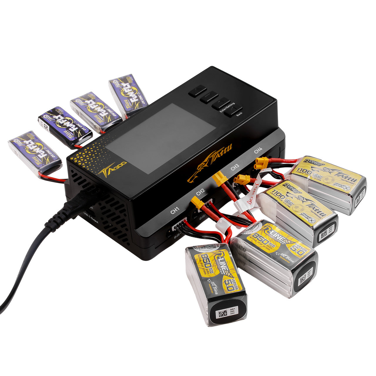 Tattu TA300 smart multi-channel LiPo charger with large screen and multiple battery ports connected to packs