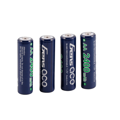 Gens Ace Ni-MH AA Rechargeable Battery, Four Gens Ace AA Ni-MH rechargeable batteries labeled 1.2V 2400mAh, ready-to-use cells