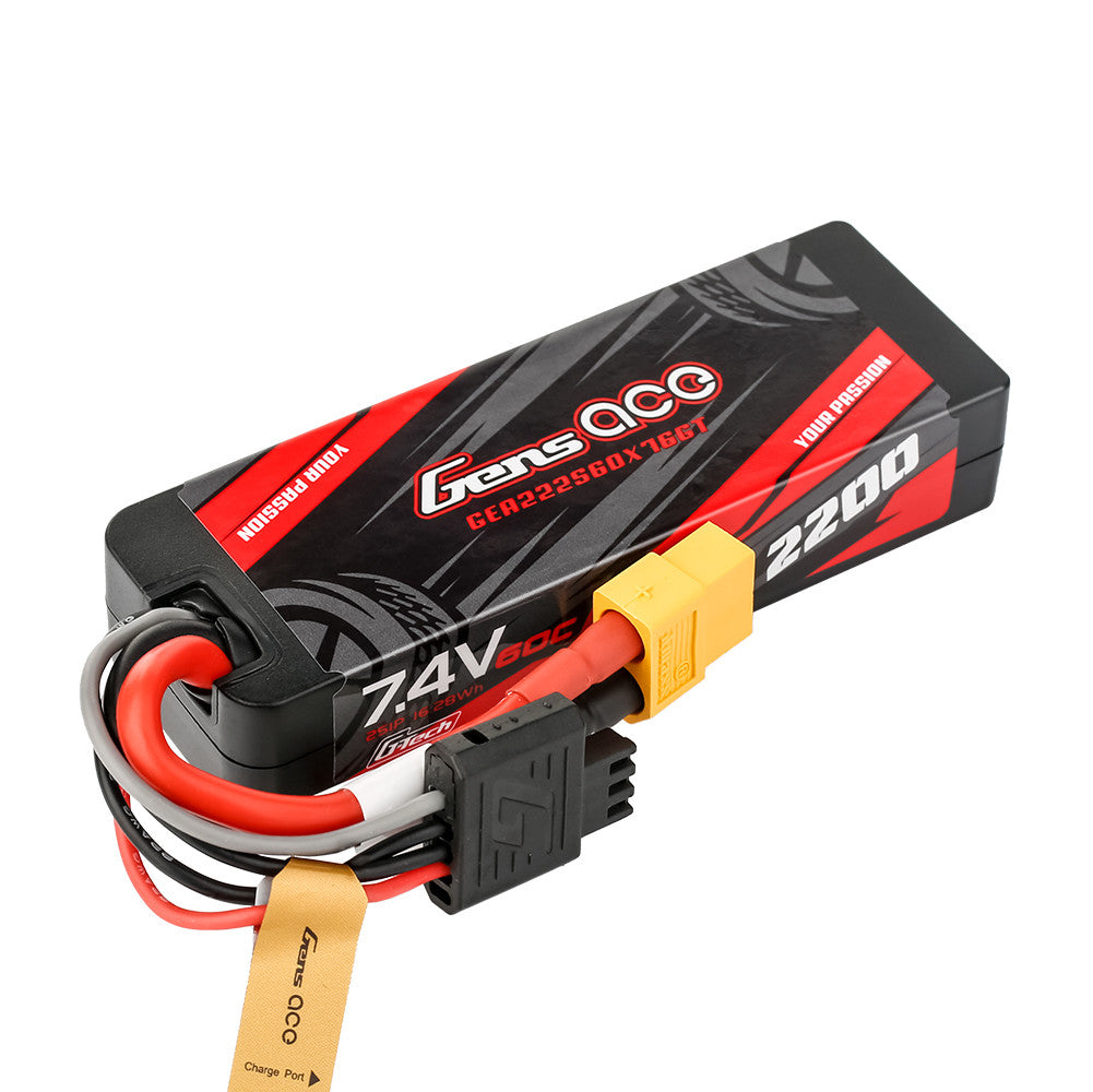 Gens ace 7.4V 2200mAh 2S 60C hardcase LiPo battery pack with XT60 lead and balance connector