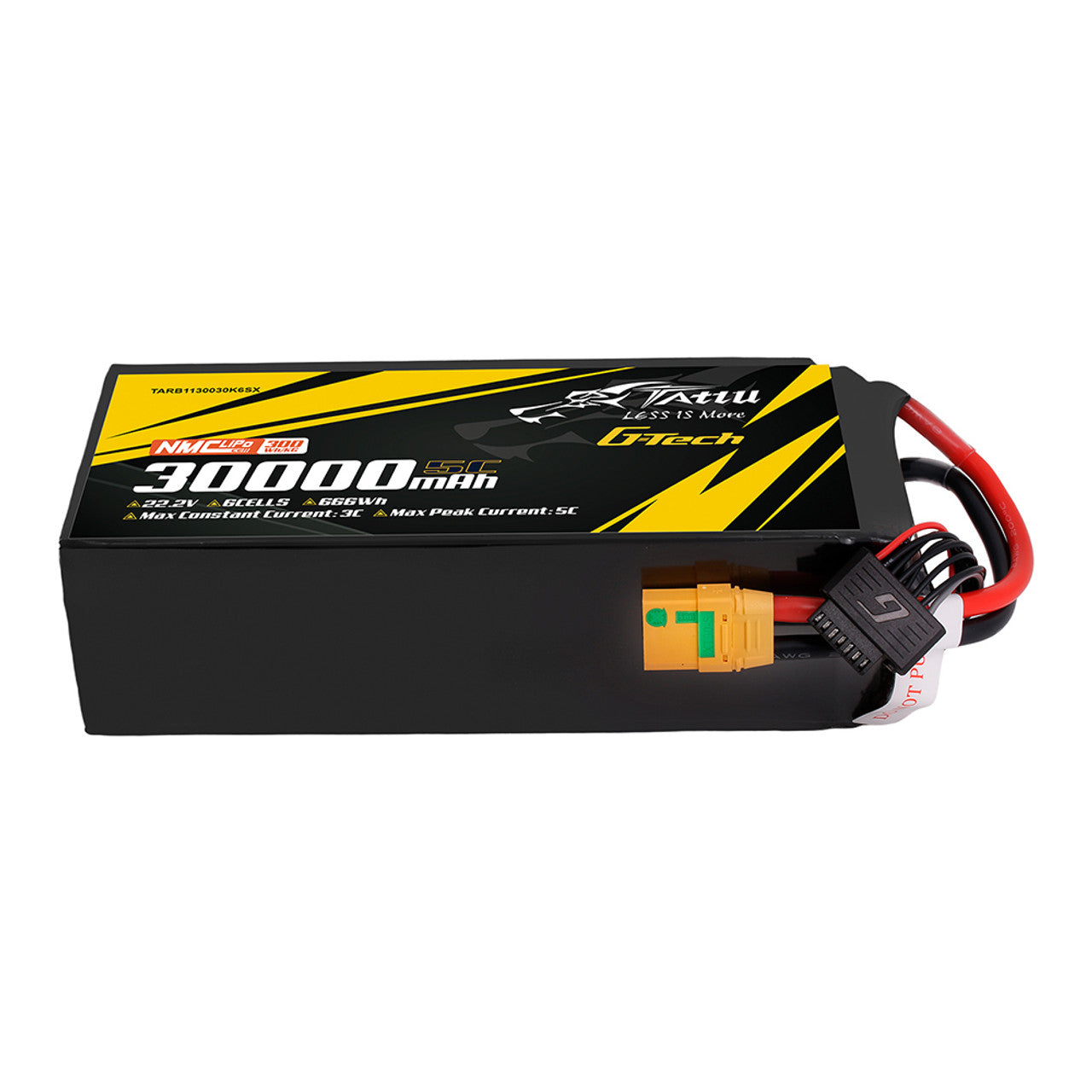 Tattu G-Tech 30,000mAh 22.2V 6S1P NMC LiPo battery with 5C peak discharge, 3C continuous, 666Wh capacity, and XT90-S female connector.