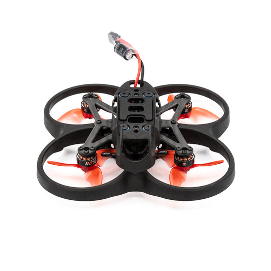 EMAX Cinehawk Mini 2.5-inch ducted racing drone frame with orange tri-blade props, top view