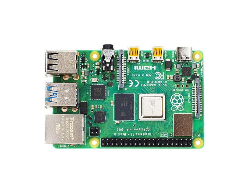 Raspberry Pi 4 Model B board top view showing USB ports, Ethernet, HDMI and GPIO header