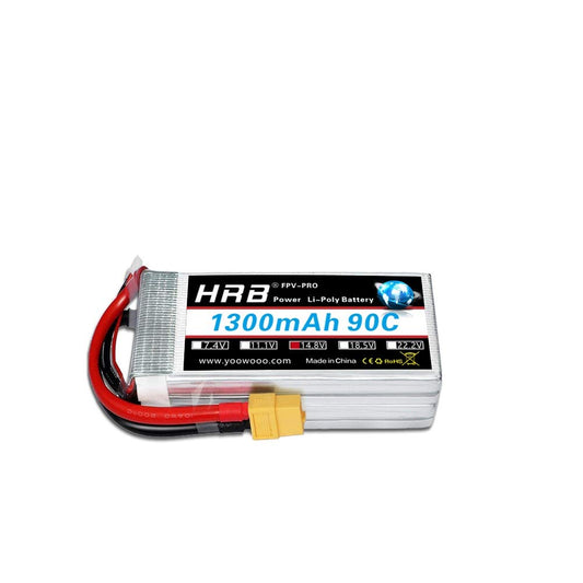 HRB FPV-PRO 1300mAh 90C LiPo Battery with XT60 connector and balance lead, angled top view