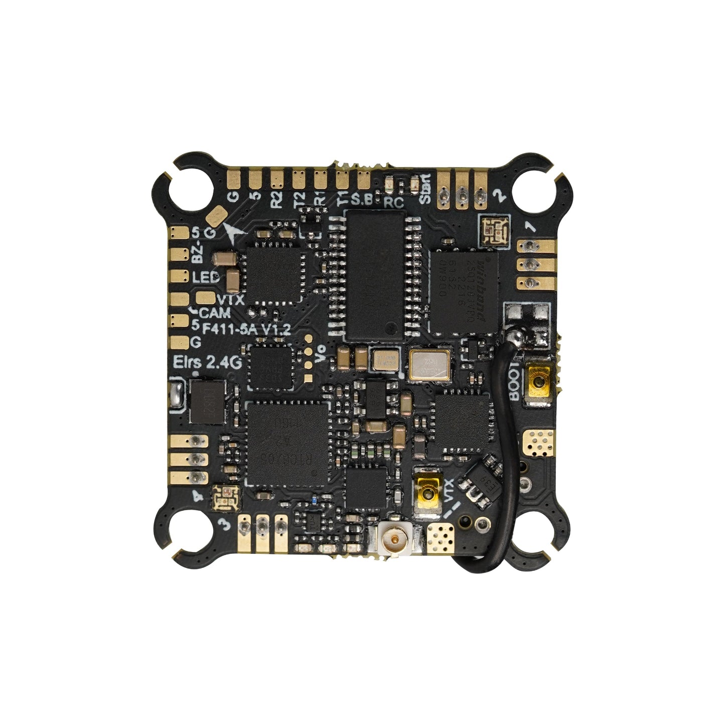 Redfox A1 F4 5A 4in1 1S AIO flight controller board, top side with solder pads and U.FL antenna lead