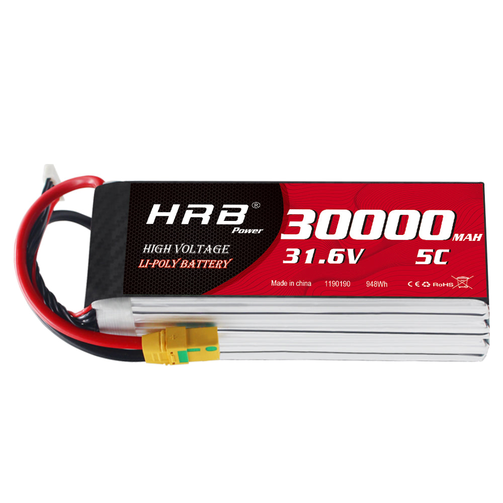 HRB 8S 31.6V 30000mAh 5C HV LiPo battery pack with XT90S plug and 9-pin balance lead