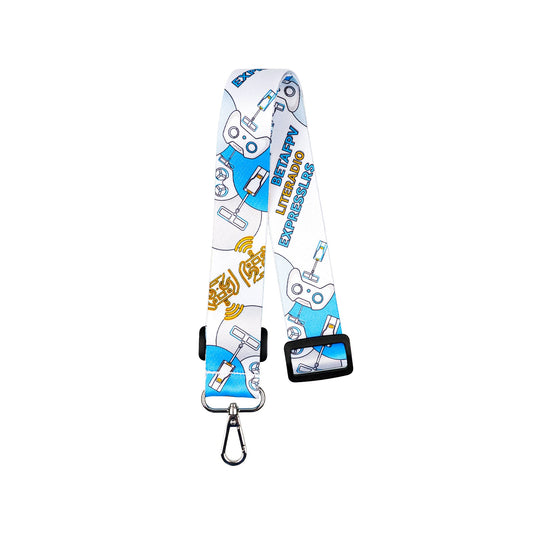 BETAFPV LiteRadio Transmitter neck strap in blue white graphic print with adjustable buckle and metal clip