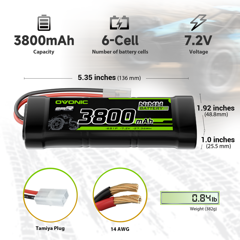 OVONIC 2-Pack 7.2V 3800mAh 6-cell NiMH battery dimensions, Tamiya plug, 14AWG wire and weight graphic