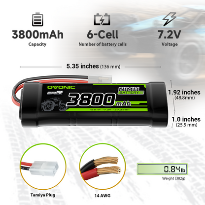 OVONIC 2-Pack 7.2V 3800mAh 6-cell NiMH battery dimensions, Tamiya plug, 14AWG wire and weight graphic