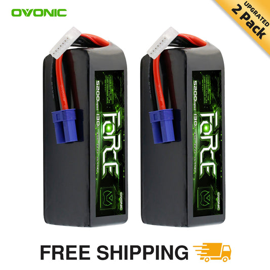 2-pack Ovonic Force 6S 5200mAh 130C 22.2V LiPo battery packs with EC5 plug and balance lead