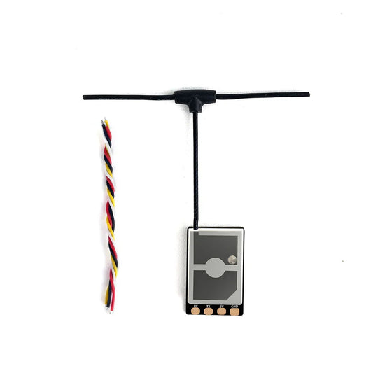 DarwinFPV Cement Ultra Durable ELRS 2.4G receiver with T-antenna and 4-pad PCB, plus wiring lead