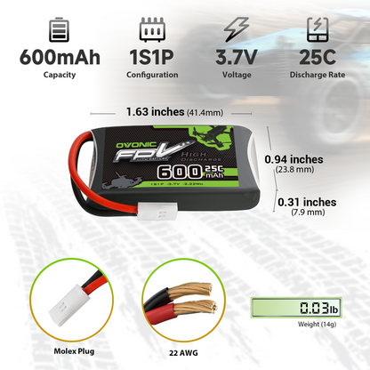 OVONIC 600mAh 1S LiPo Battery specs with dimensions, 3.7V 25C rating, Molex plug, 22 AWG, 14g weight
