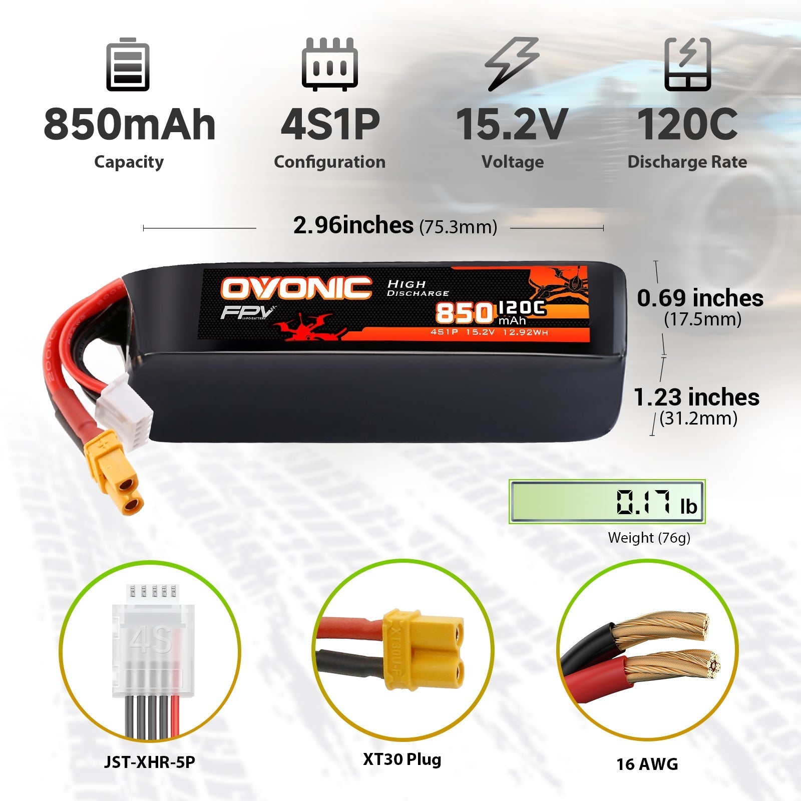 850mAh 4S1P 15.2V 120C battery size and weight diagram, XT30 plug, JST-XHR-5P balance lead, 16AWG wire