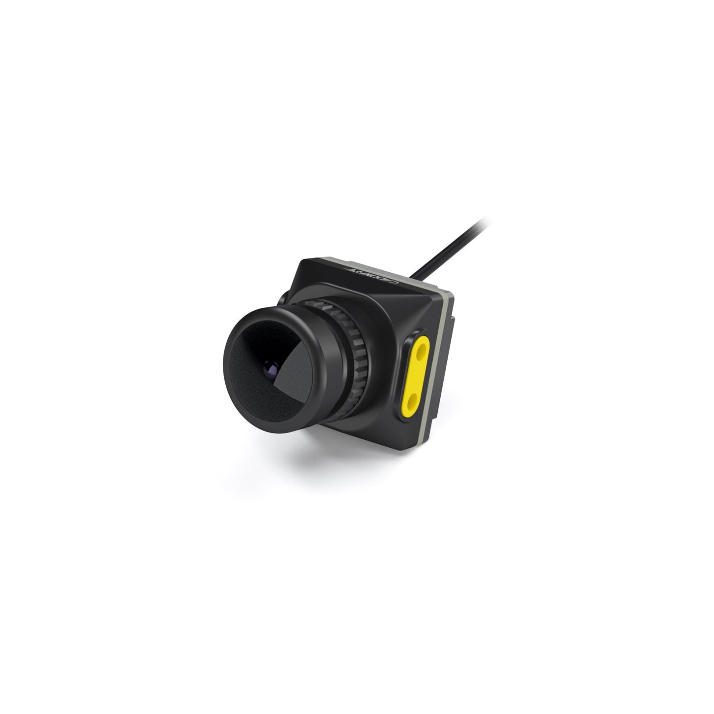 Walksnail Moonlight FPV camera three-quarter view with black lens barrel and yellow side plate