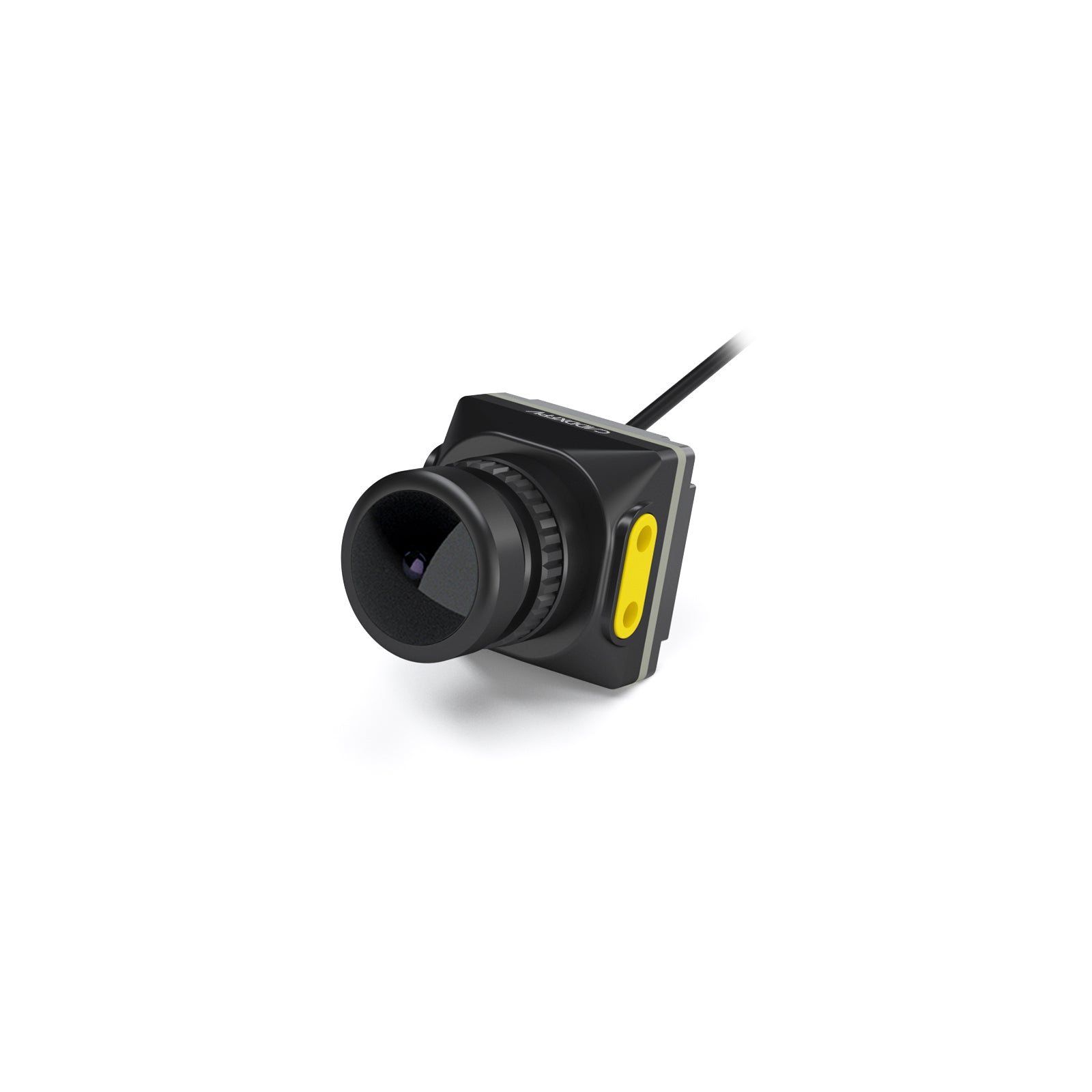 Walksnail Moonlight FPV camera three-quarter view with black lens barrel and yellow side plate