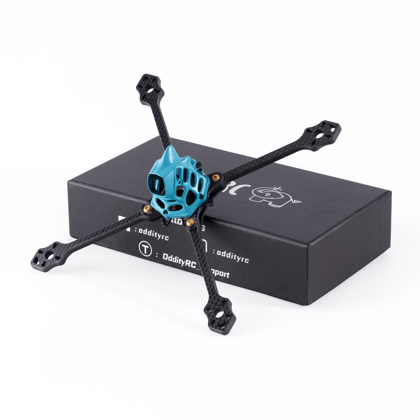OddityRC 4/5inch toothpick frame kit with blue canopy on carbon fiber arms, shown with retail box