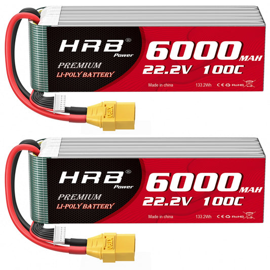 HRB 2PCS 6S 22.2V 6000mAh 100C LiPo Battery set with yellow XT90 connectors