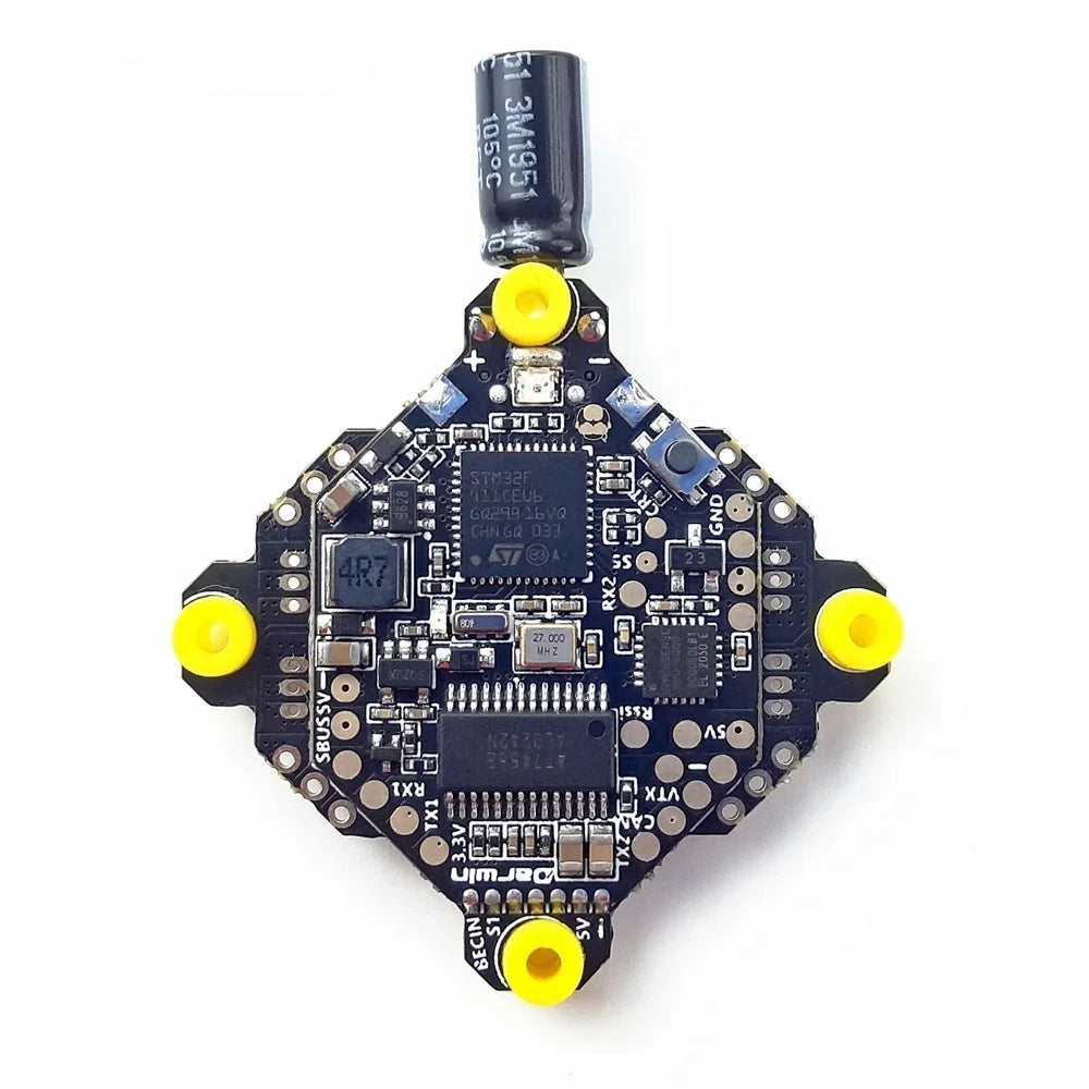 DarwinFPV 15A F411 AIO flight controller + 4-in-1 ESC, pad layout side with MCU and solder pads
