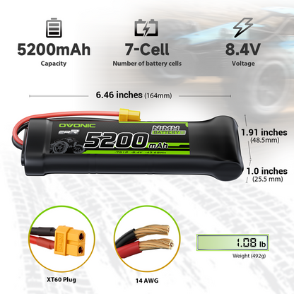 OVONIC 8.4V 5200mAh 7-cell NiMH flat battery pack with XT60 plug, 14AWG leads, size/weight chart