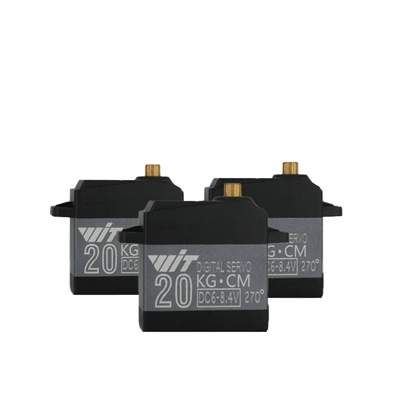 Three WitMotion 20kg·cm 270° digital servos shown from angled front, black case and brass output shaft