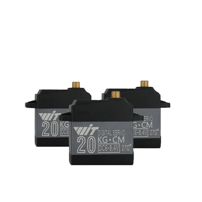 Three WitMotion 20kg·cm 270° digital servos shown from angled front, black case and brass output shaft