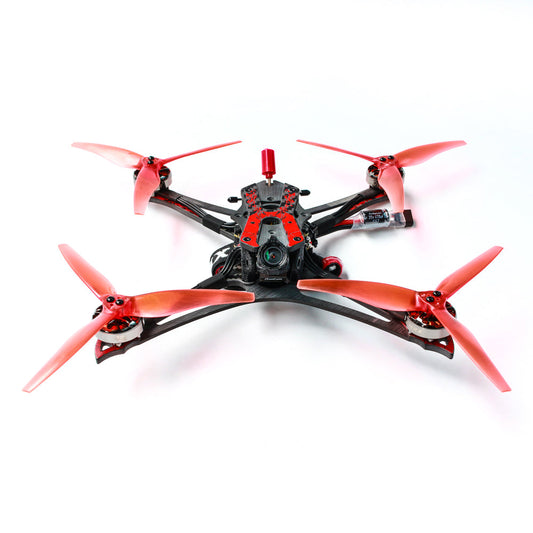EMAX Hawk Apex 5 Inch FPV racing drone front angle view with red tri-blade props and FPV camera