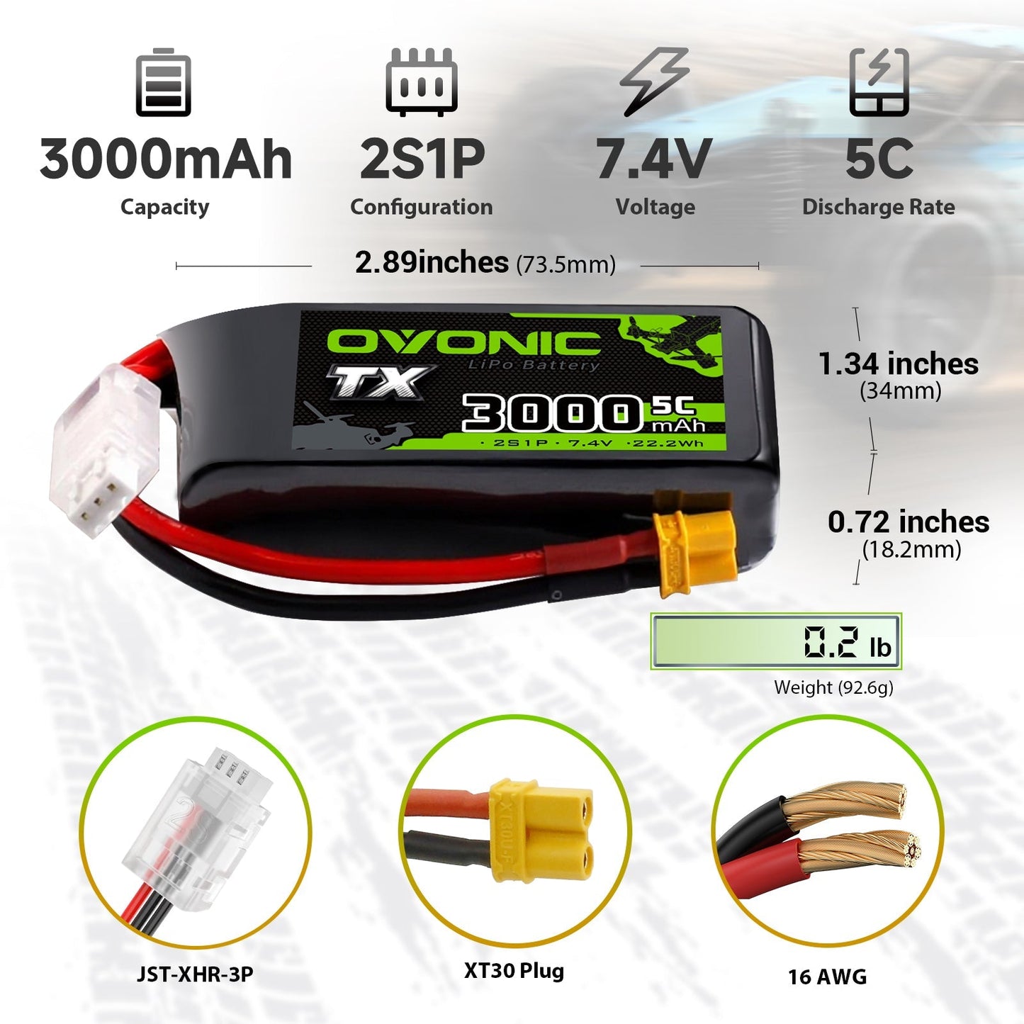 Ovonic 2S 3000mAh 7.4V 5C LiPo battery size and connector specs: 2S1P, XT30 plug, JST-XH 3P, 16AWG