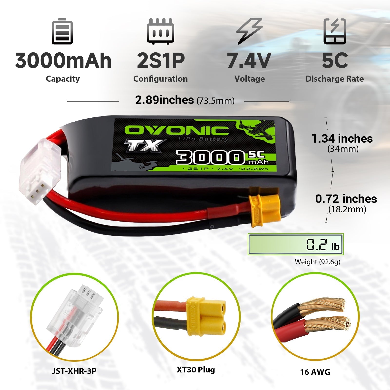 Ovonic 2S 3000mAh 7.4V 5C LiPo battery size and connector specs: 2S1P, XT30 plug, JST-XH 3P, 16AWG