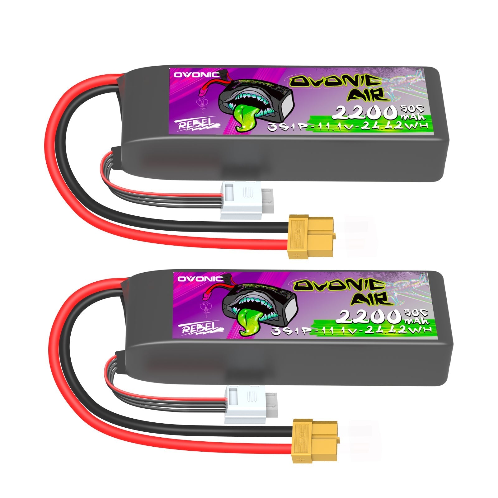 2-pack Ovonic Rebel 2.0 3S 11.1V 2200mAh 50C LiPo batteries with XT60 and JST-XH balance plug