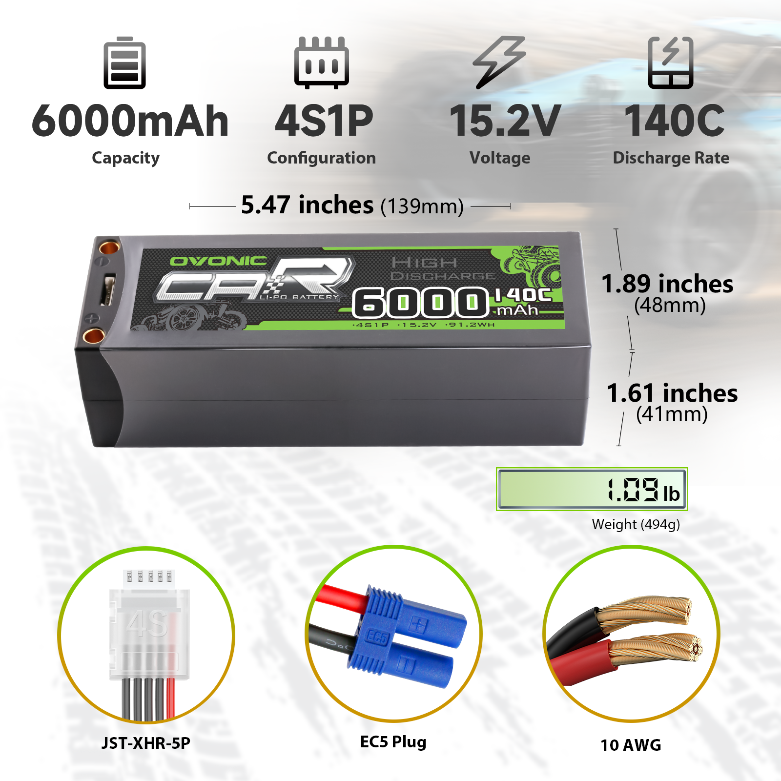 Ovonic 6000mAh 4S 15.2V LiHV hardcase LiPo specs: 139×48×41mm, 494g, EC5 plug, JST-XHR-5P