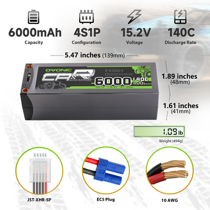 Ovonic 6000mAh 4S 15.2V LiHV hardcase LiPo specs: 139×48×41mm, 494g, EC5 plug, JST-XHR-5P