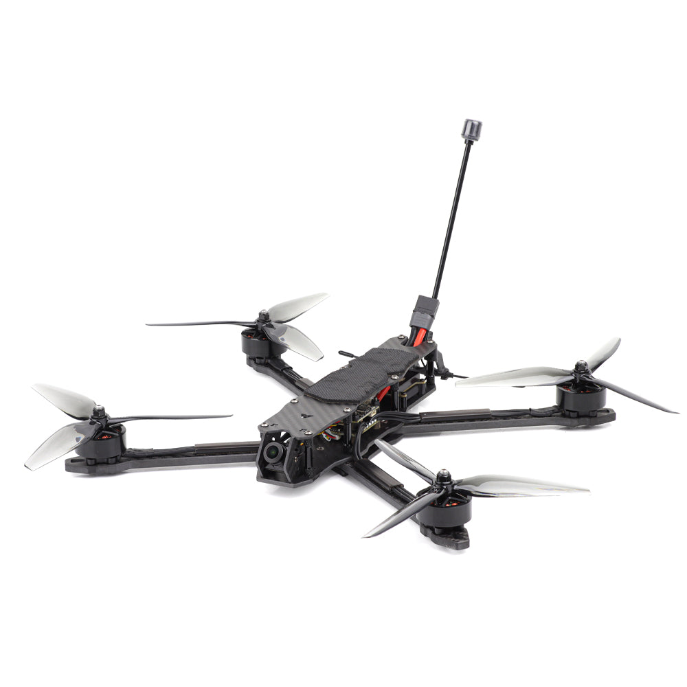 HGLRC MY7 7-Inch FPV drone on white background, angled view with long antenna and four props