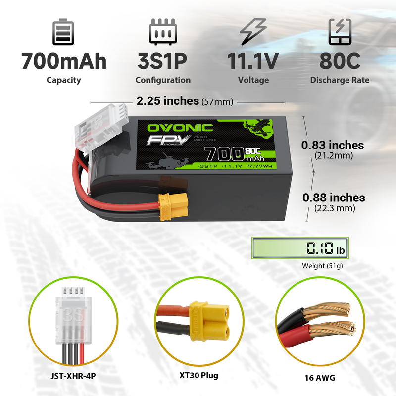 OVONIC 700mAh 3S 11.1V 80C LiPo battery dimensions and connectors, XT30 plug and JST-XHR balance lead