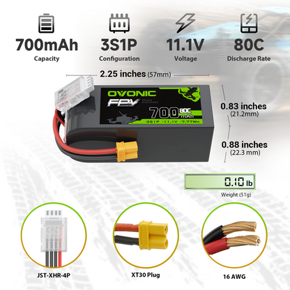 OVONIC 700mAh 3S 11.1V 80C LiPo battery dimensions and connectors, XT30 plug and JST-XHR balance lead