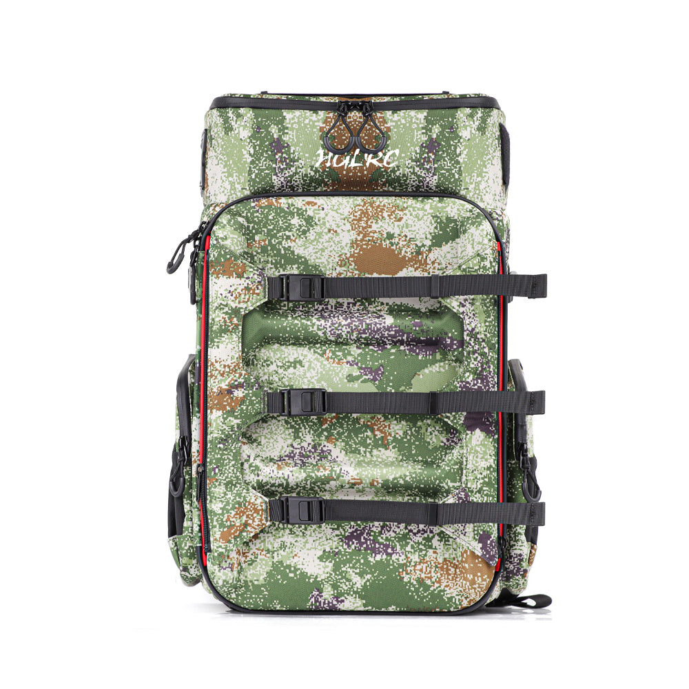 Front view of HGLRC B1 starlight camouflage backpack with three compression straps and front pocket