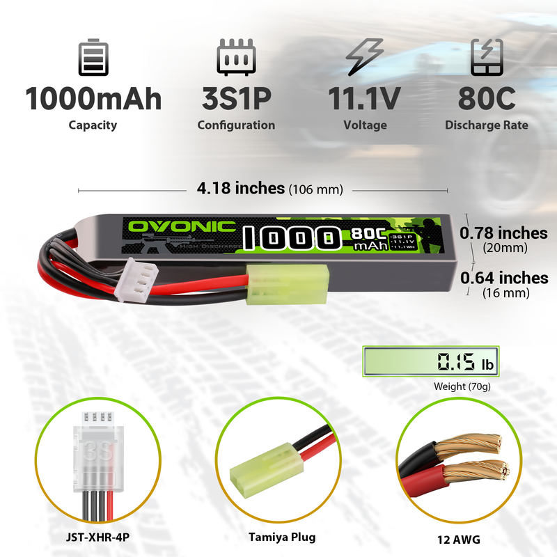 Ovonic 1000mAh 80C LiPo battery size chart with dimensions, weight, JST-XHR-4P lead and Tamiya plug