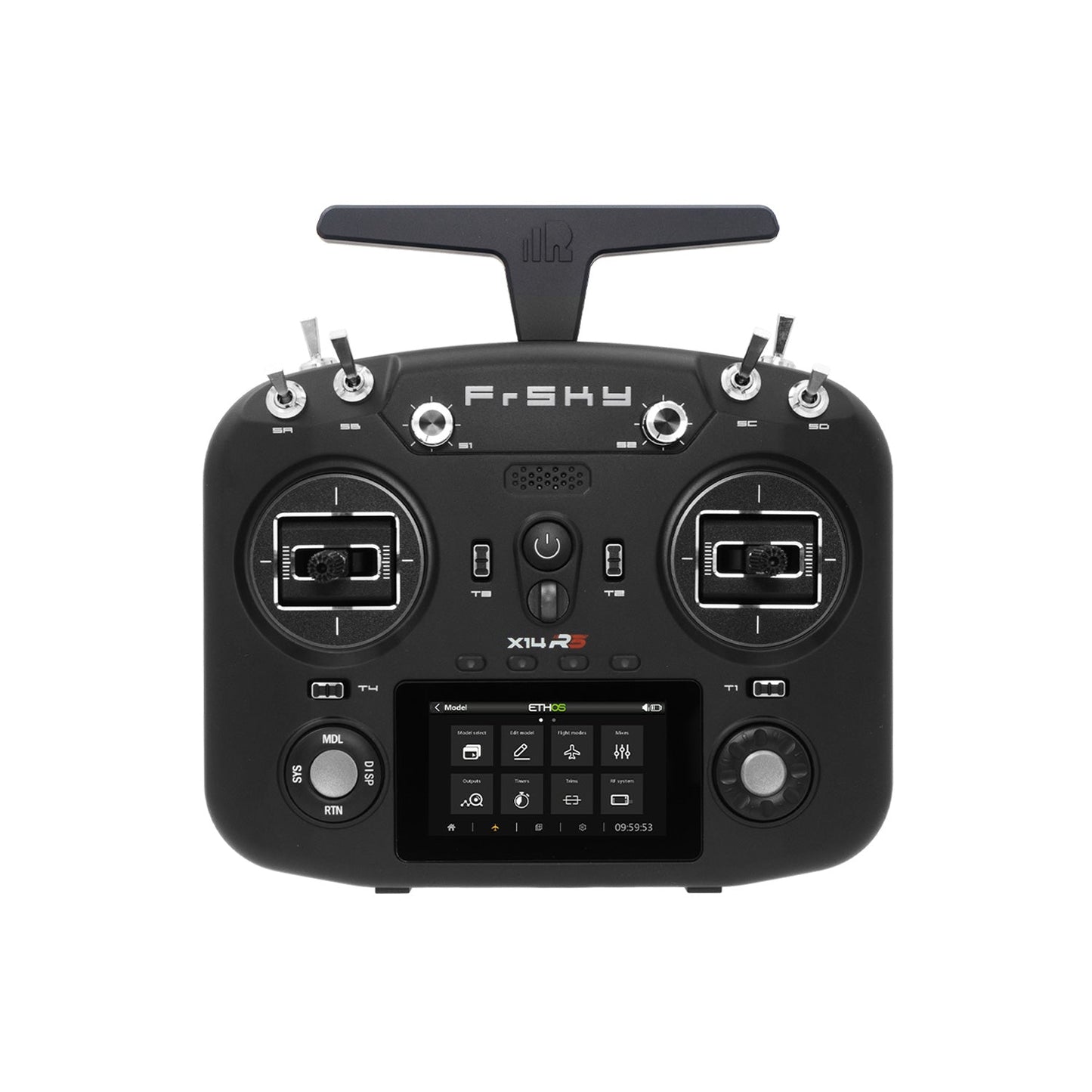 FrSky X14RS ETHOS RC transmitter front view in black with 3-inch touchscreen and gimbal sticks