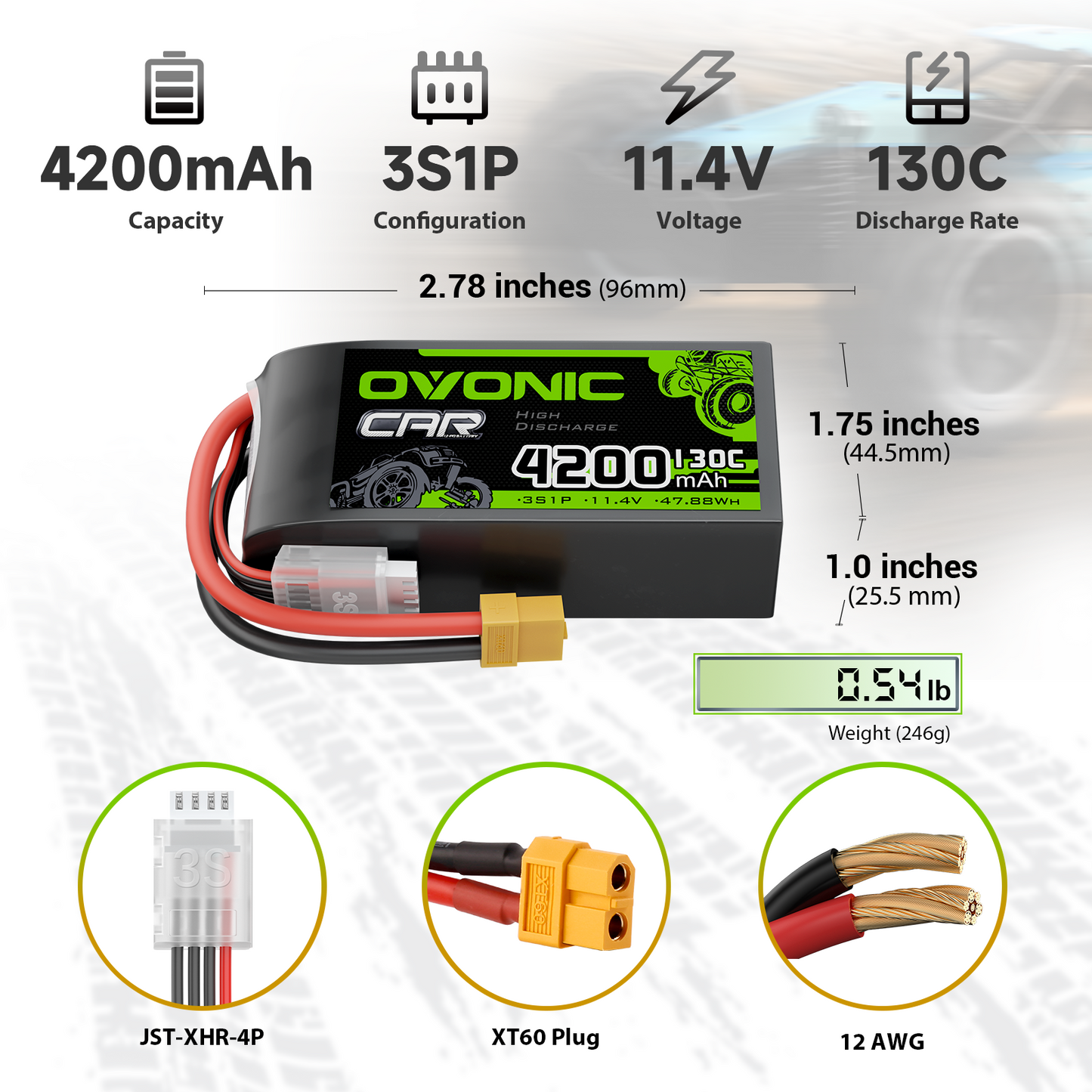 OVONIC 3S 4200mAh 11.4V LiPo battery size and specs graphic with dimensions, XT60 plug, JST-XHR-4P