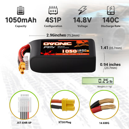 Ovonic 4S1P 1050mAh LiPo battery size and weight chart with 14.8V 140C, XT30 plug, JST-XHR-5P, 14AWG
