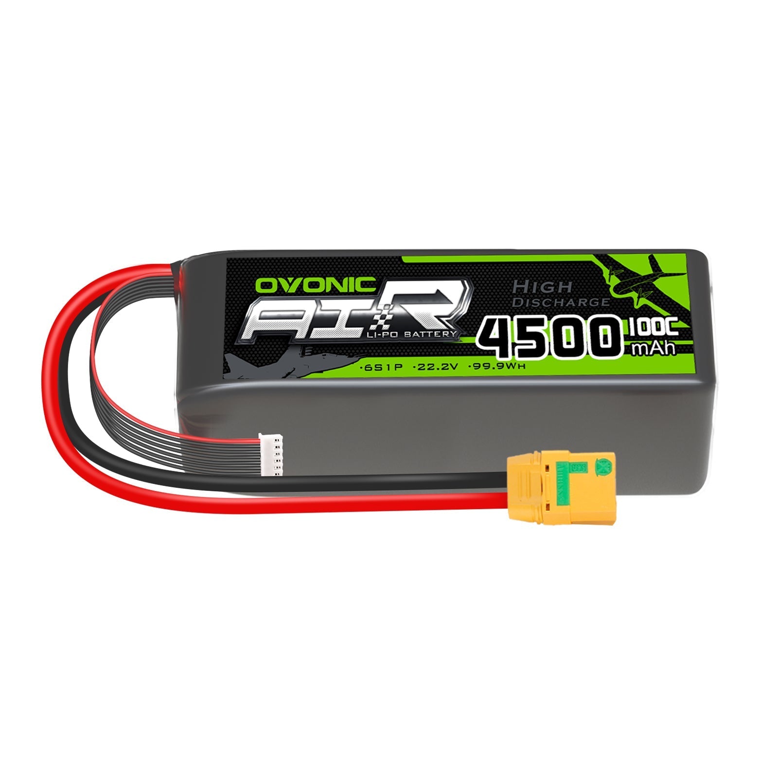 Ovonic 4500mAh 6S 22.2V 100C LiPo battery pack with XT90S plug and balance lead, side view